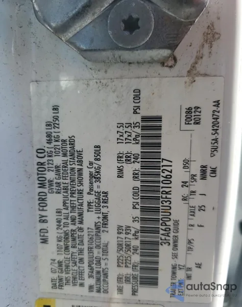 2015 Ford Fusion S Hybrid z USA, uszkodzony, nr VIN 3FA6P0UU3FR106217